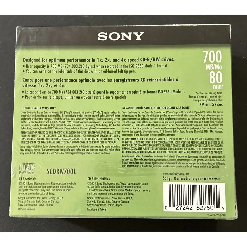 Sony CD-RW 5-Pack Blank Discs 700MB 80Min Rewritable 5CDRW700L, New & Sealed